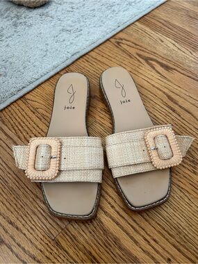 Joie Natural Raffia Buckle Slide Sandals